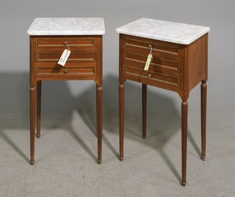 Louis XVI Style Pair of White Marble Top Chests