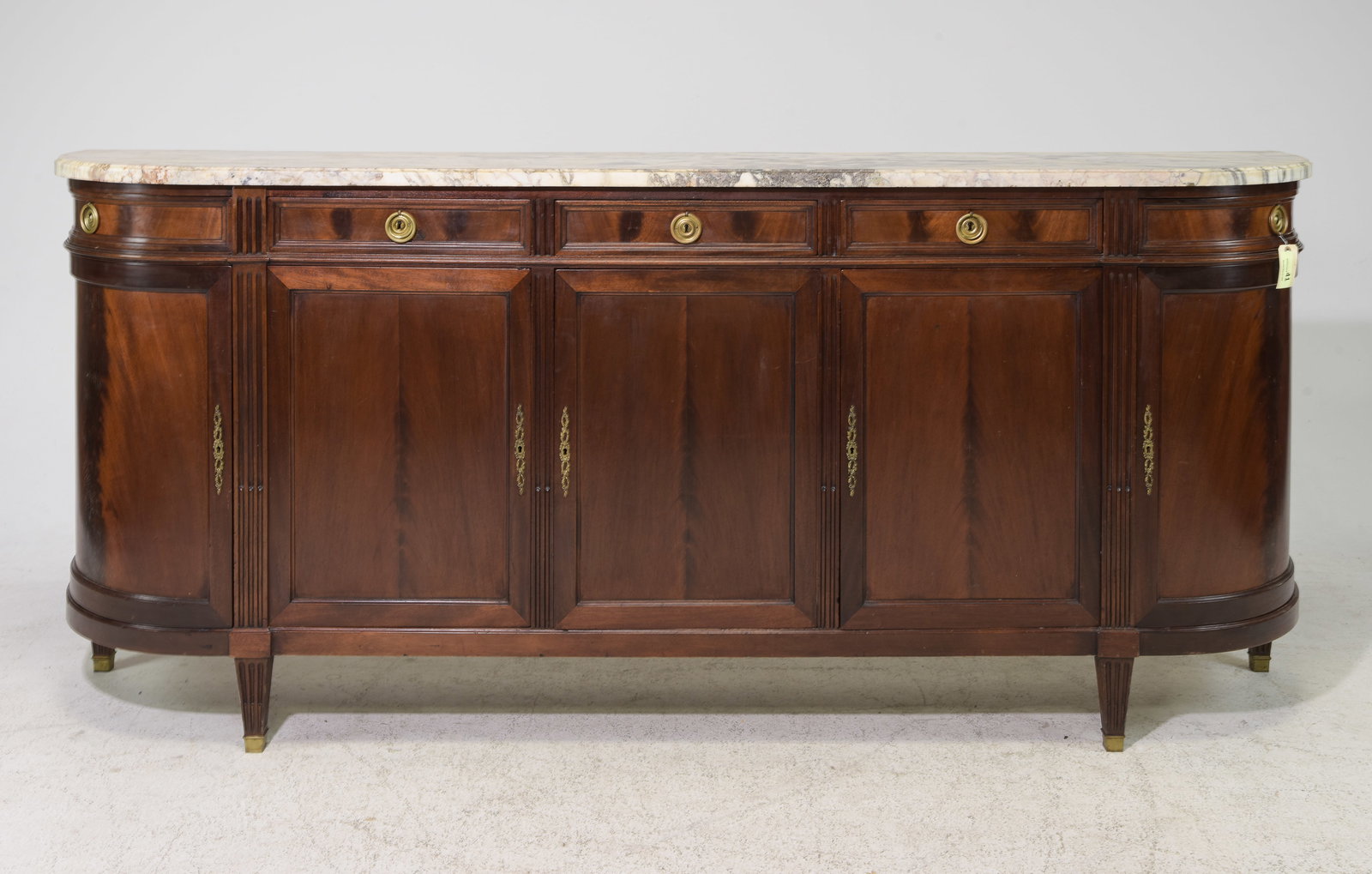 Louis XVI Style Marble Top Mahogany Curved Sideboard: French Louis XVI Style Marble Top Mahogany Curved Sideboard / Enfilade c.1940's-50's - 41 in tall x 94.5 x 18.25