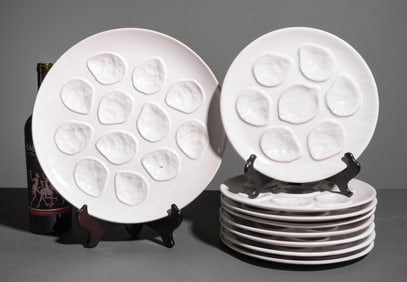 French Set of 9 Pink Oyster Plates - Platter & 8 Plates