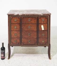 French Marble Top Burled Four Drawer Chest