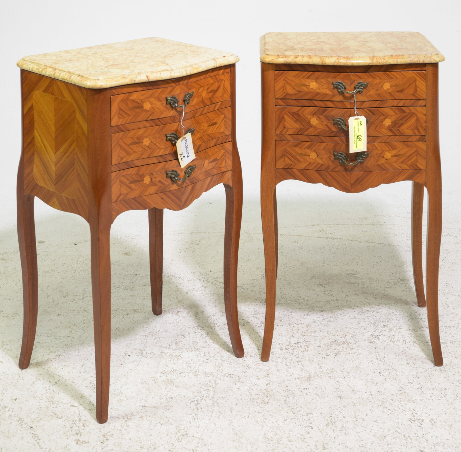 Louis XV Style Pair of Marble Top Occasional Chests: French Louis XV Style Pair of Marble Top Occasional Chests / Nightstands - 28 in tall x 15 x 13 each