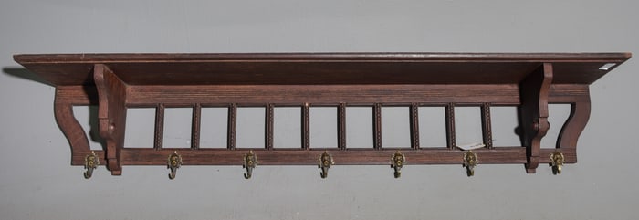 French Large Oak Wall Shelf with Hooks