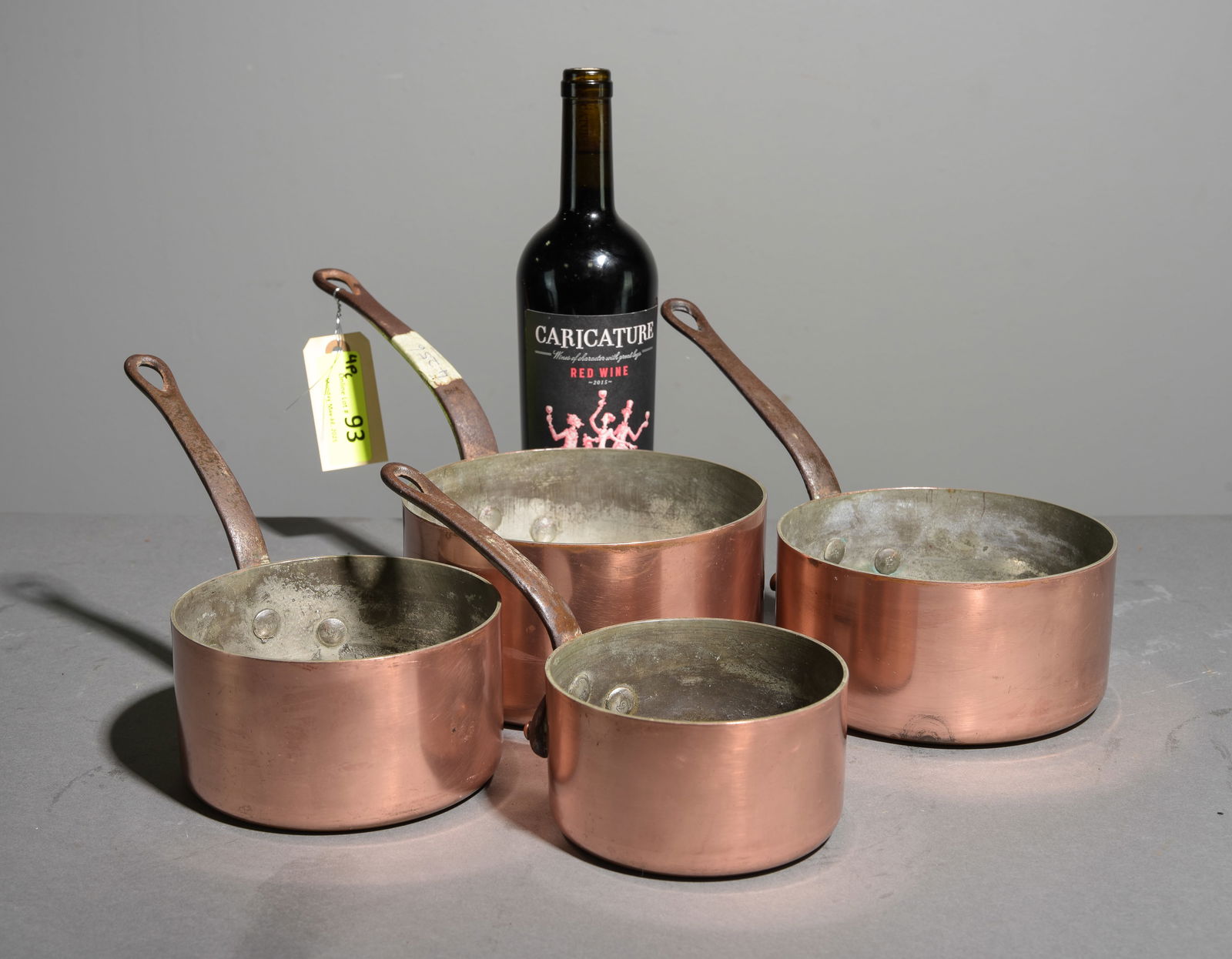French Polished Copper Set of 4 Sauce Pans: French Polished Copper Set of 4 Sauce Pans with Brass Handles - Largest is 7 in tall x 13 x 8 - Reminder, measurements are for shipping purposes and are measured at the largest points.