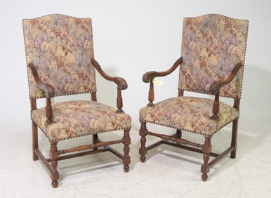 French Pair of Beech Wood Fireside Arm Chairs
