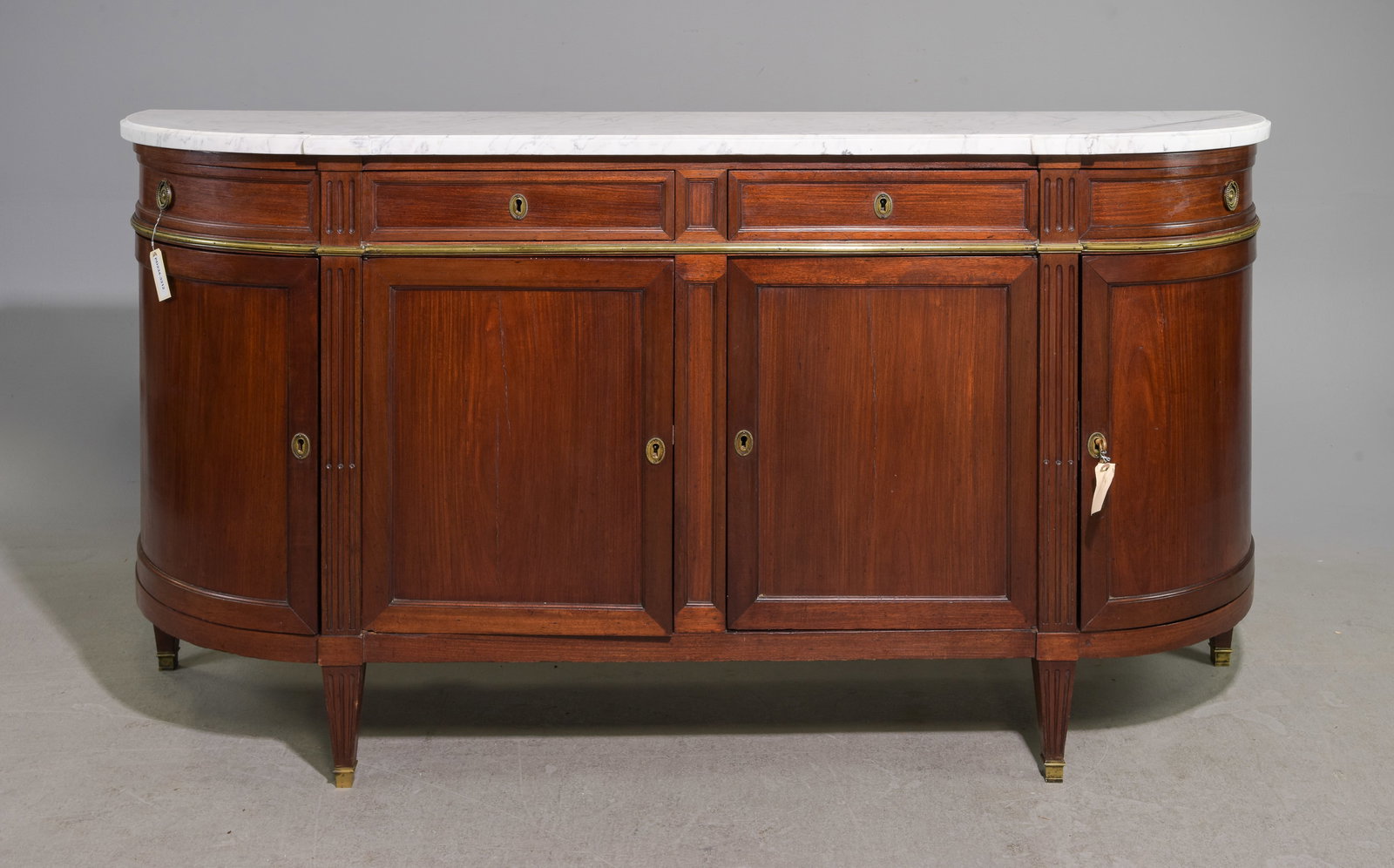 Louis XVI Style White Marble Top Curved Sideboard: French Louis XVI Style White Marble Top Curved Sideboard - 40.5 in tall x 78 x 19.5