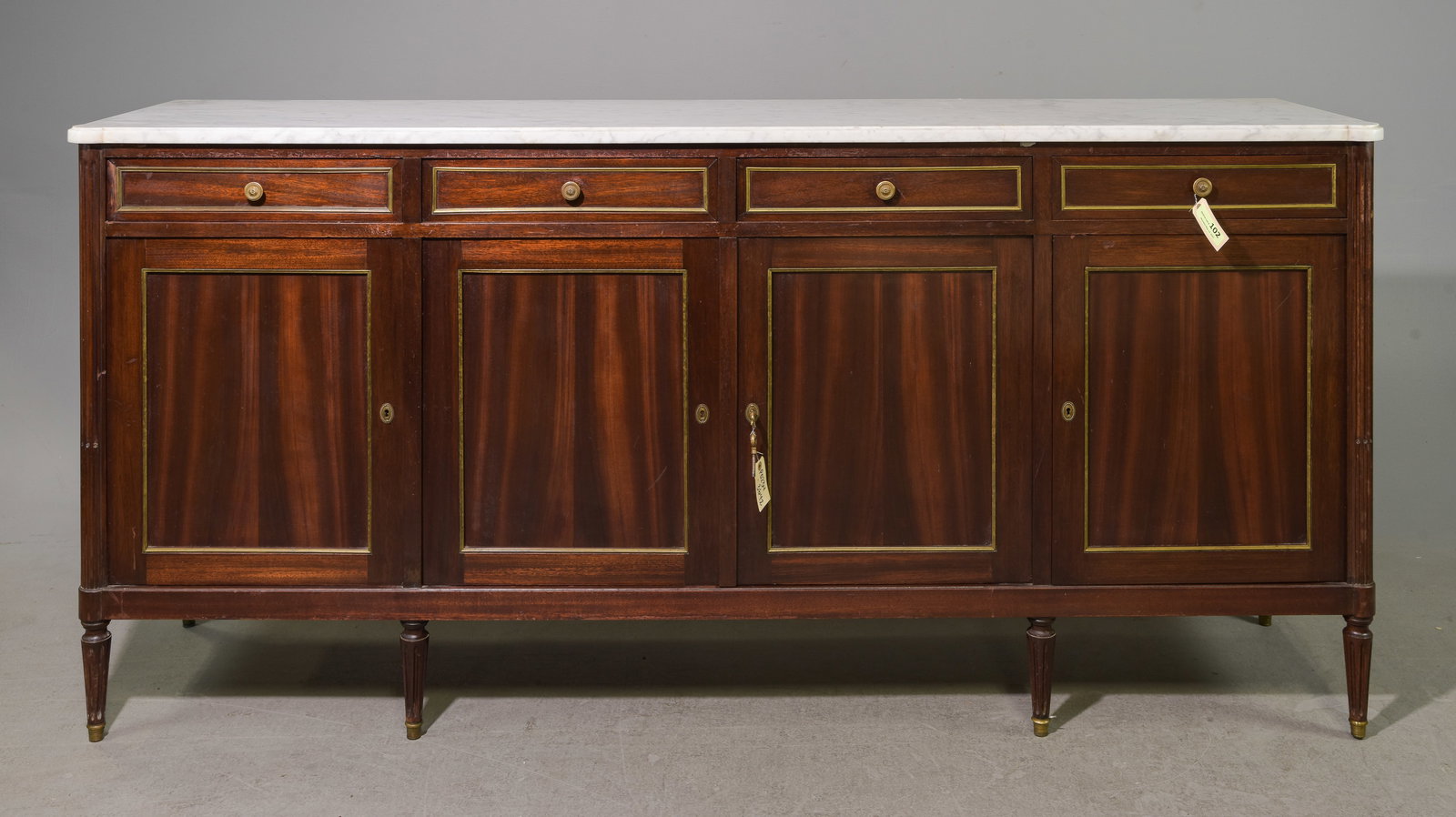 Louis XVI Style White Marble Top Sideboard / Enfilade: French Louis XVI Style White Marble Top Mahogany Sideboard / Enfilade - 39.5 in tall x 84 x 20.25