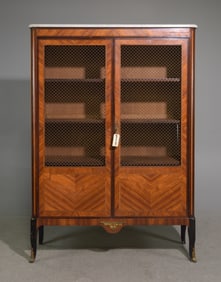 French Double Grilled Door Marble Top Bookcase
