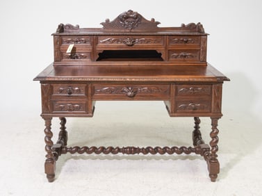 Louis XIII Style Carved Oak French Twist Desk