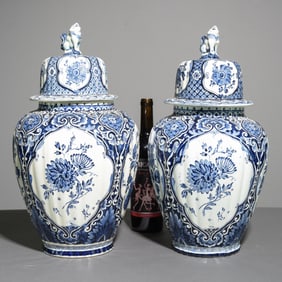 Two Delft Blue & White Lidded Urns #1