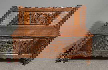 French Breton Style Carved Oak Hall Bench