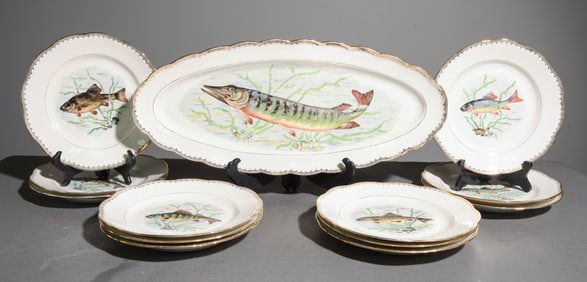 13pc French Fish Plate Set - Platter & 12 Plates