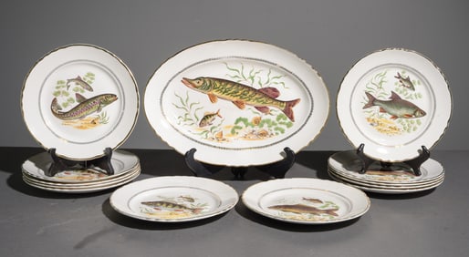 13pc French Fish Plate Set - Platter & 12 Plates