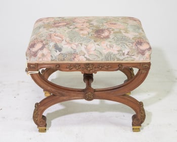 Danish Oak Floral Upholstered Foot Stool