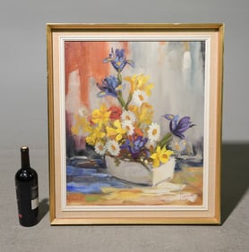 Gold Framed Oil / Acrylic On Canvas Floral Still Life