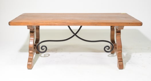 Spanish Style Oak Table with Iron Stretcher c.1920's
