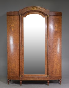 French Burled Elm Triple Door Armoire c.1920's