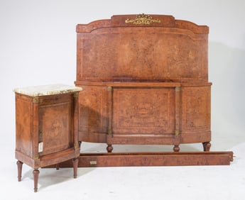French Burled Elm Bed with Rails & Nightstand