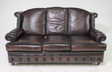 British Brown Leather High Back Chesterfield Sofa