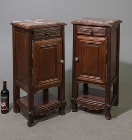 2 Louis XV Style Marble Top Oak Occasional Cabinets