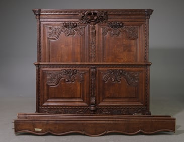 Louis XV Style Carved Oak Bed with Rails