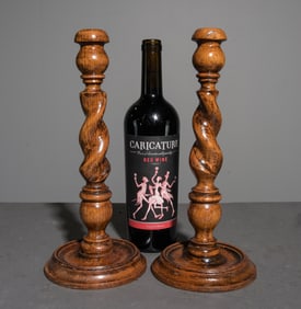 British Oak Barley Twist Pair of Candlesticks #1