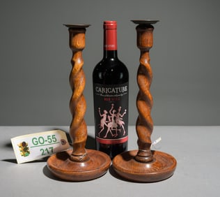 British Oak Barley Twist Pair of Candlesticks #2