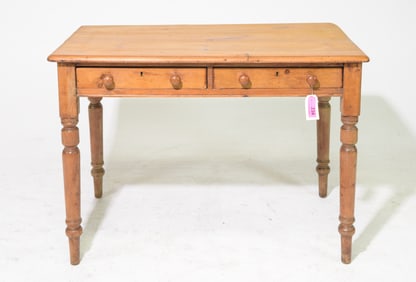 British Pine Turned Leg Two Drawer Writing Table