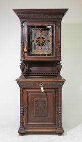 Henri II Style Carved Oak Stained Glass Cupboard