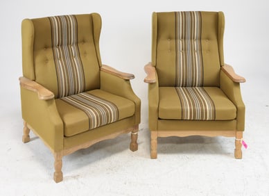 Danish Oak Pair of Upholstered Wing Back Chairs