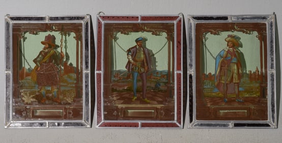 Three Assorted Painted Leaded Glass Window Art