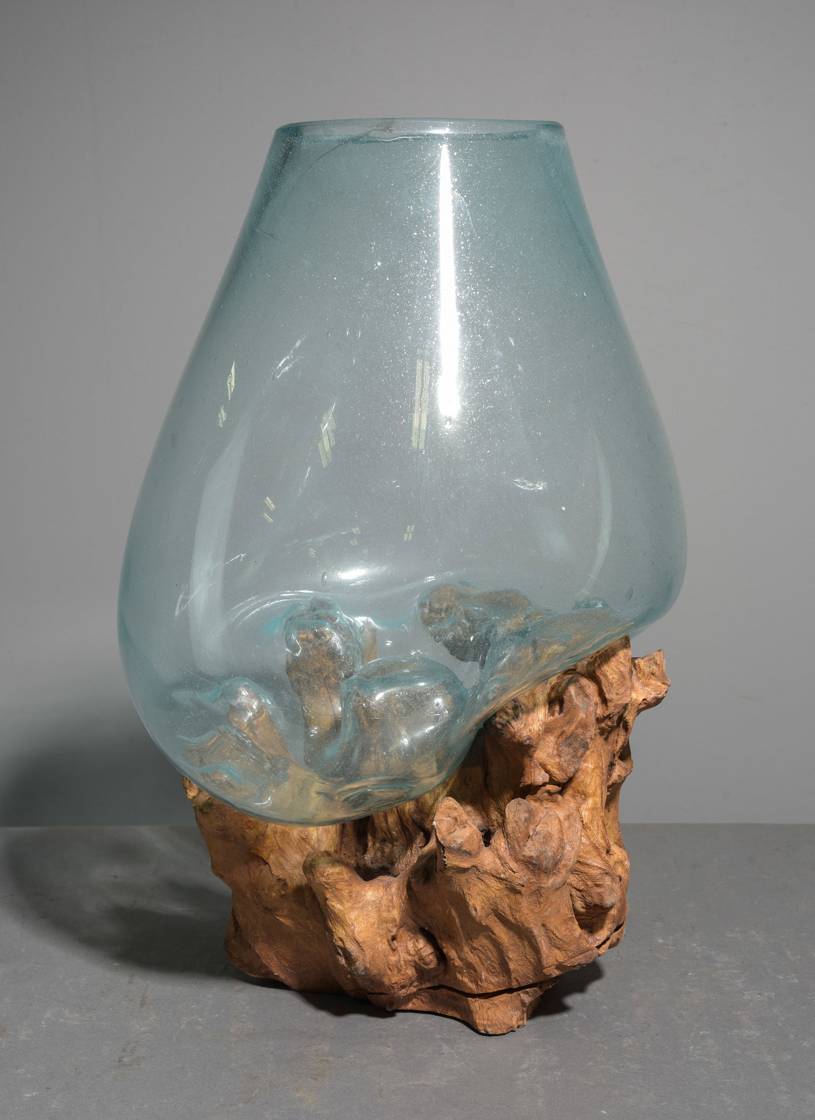 Hand Blown Molten Glass & Driftwood Terrarium: Hand Blown Molten Glass & Driftwood Terrarium - 21.5 in tall x 14 x 14