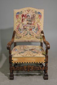 Danish Carved Oak Needlepoint Fireside Chair