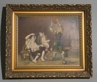 French Gold Framed Oil on Board - Children Playing