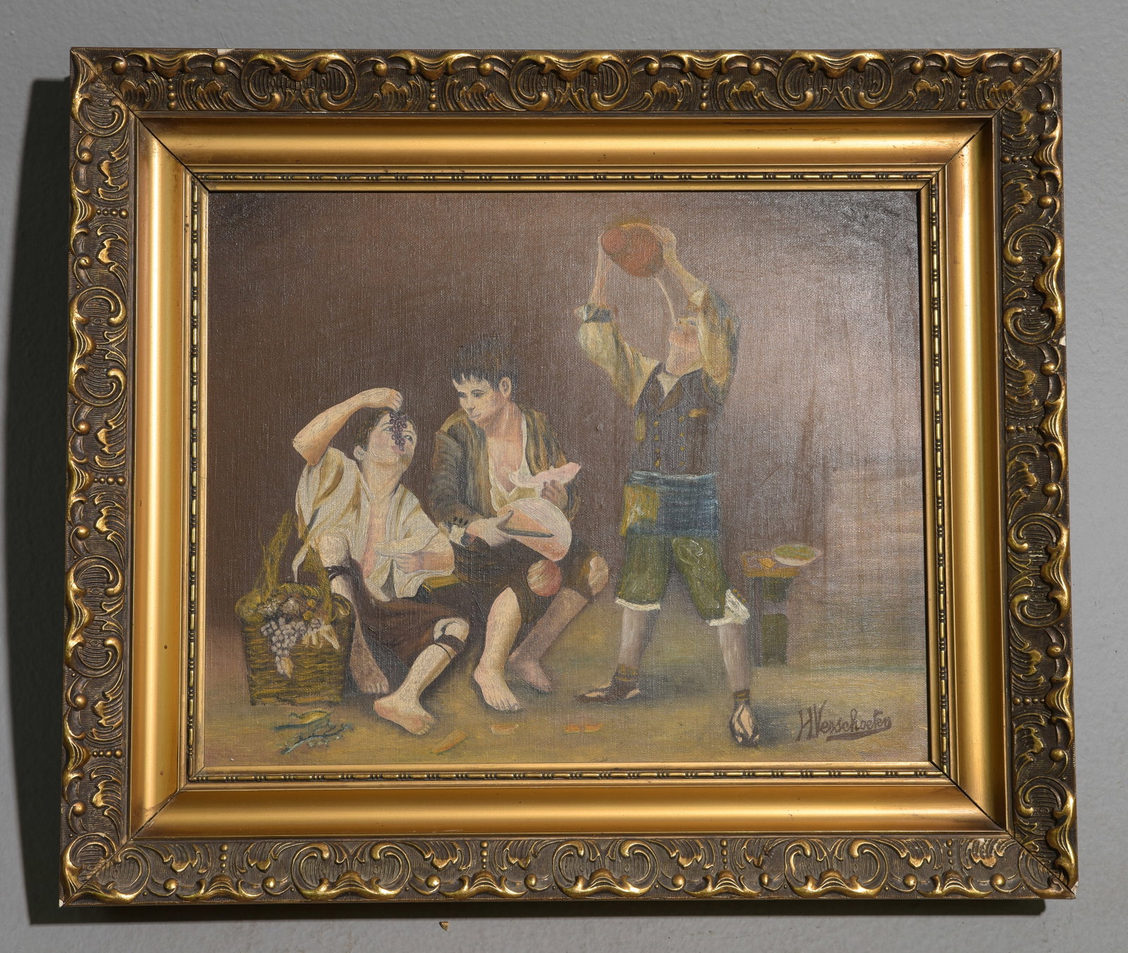 French Gold Framed Oil on Board - Children Playing: French Gold Framed Oil on Board - Children Playing - 19 in tall x 21.5 x 2