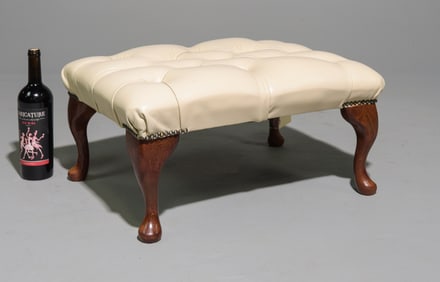 British White Leather Button Tufted Foot Stool