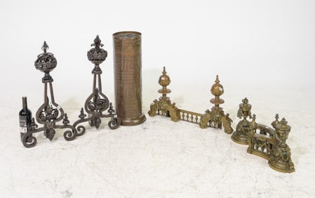 Three Pairs of French Iron Andirons & Stick Stand