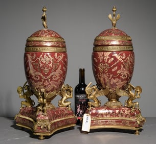 Empire Style Pair of Bronze Mounted Porcelain Urns