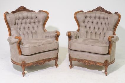French Style Pair of Tufted Arm Chairs