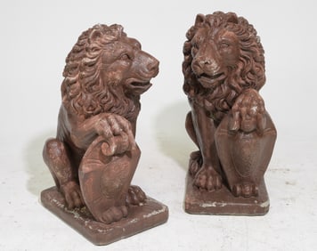 Noble Pair of Cast Stone / Concrete Lions with Shields