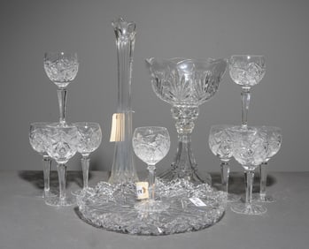 12pc- American Brilliant Cut Glass Platter, Stems, Etc.