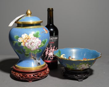 2pcs Chinese Cloisonne Urn & Bowl