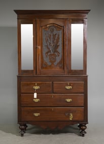Antique Walnut Carved Cabinet With Beveled Mirrors