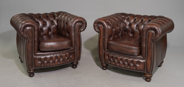 2 British Brown Leather Chesterfield Club Chairs