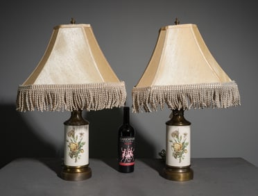 Pair of Porcelain & Brass Botanical Lamps