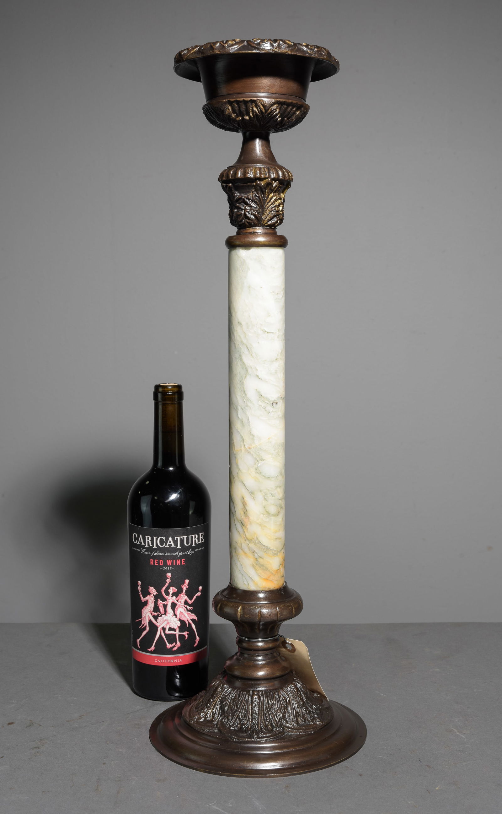 Imperial Style Quartz & Bronze Candlestand: Imperial Style Quartz & Bronze Candlestand - 22.75 in tall x 7.5 inch diameter at the base - We are not certain that the central column is quartz. That is our best guess but it is stone