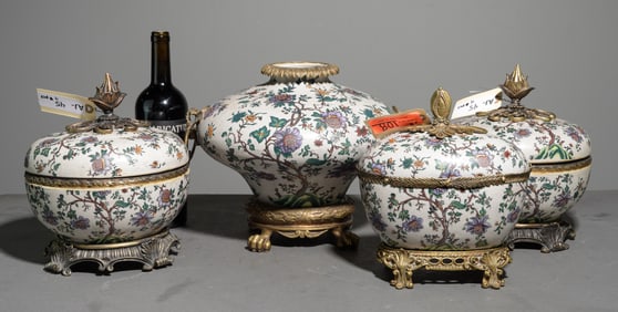 4pcs - Castilian Bronze Mounted Vase & 3 Lidded Jars