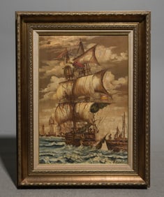 Gold Framed Acrylic on Canvas - War Ship #1