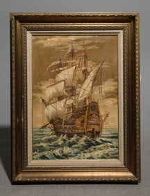 Gold Framed Acrylic on Canvas - War Ship #2