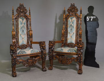 Imperial Style Pair of Lion Carved Throne Chairs