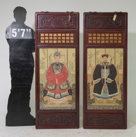 Two Qing Dynasty Carved Framed Silk Portraits